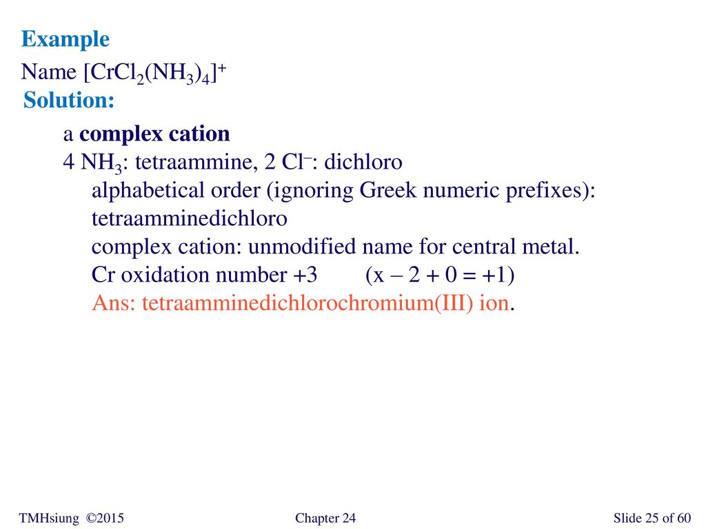 Example Name [CrCl2(NH3)4]+ Solution: a complex cation. 4 NH3: tetraammine, 2 Cl–: dichloro.