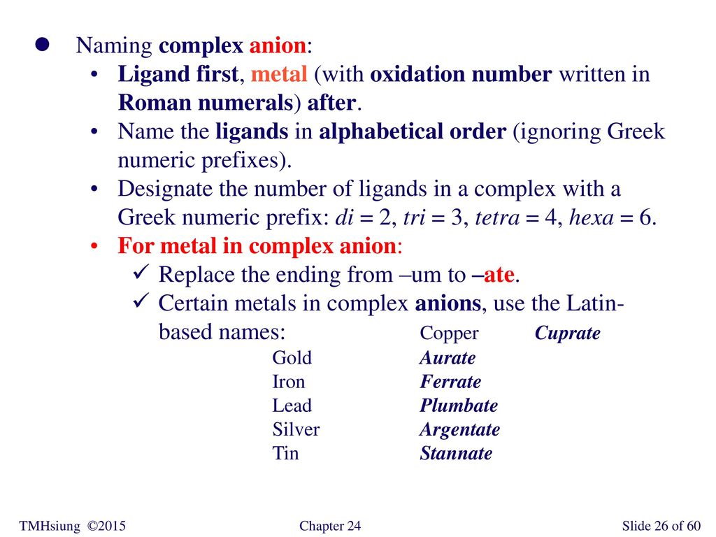 For metal in complex anion: Replace the ending from –um to –ate.
