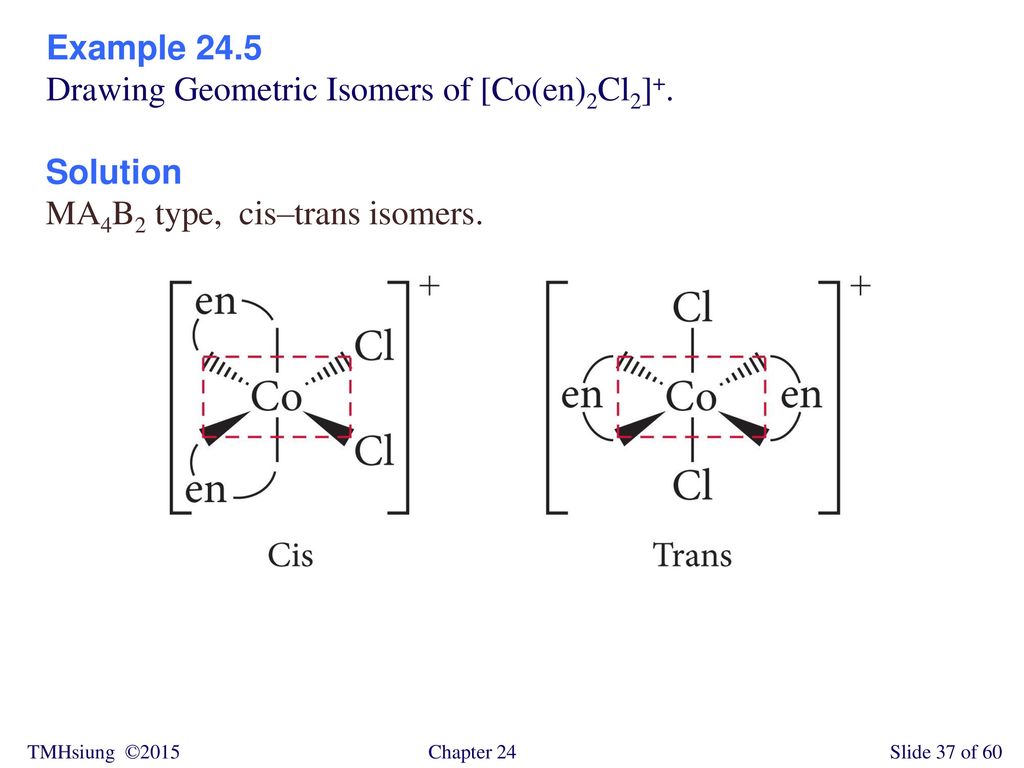 Example 24.5 Drawing Geometric Isomers of [Co(en)2Cl2]+. Solution MA4B2 type, cis–trans isomers.