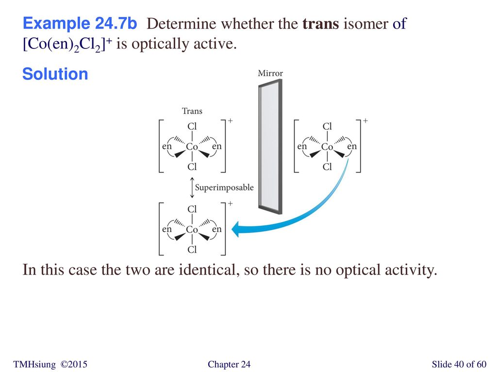 Example 24.7b Determine whether the trans isomer of [Co(en)2Cl2]+ is optically active.