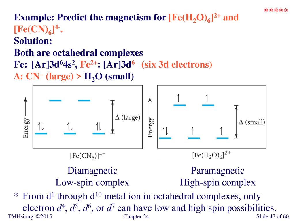 ***** Example: Predict the magnetism for [Fe(H2O)6]2+ and [Fe(CN)6]4-. Solution: Both are octahedral complexes.