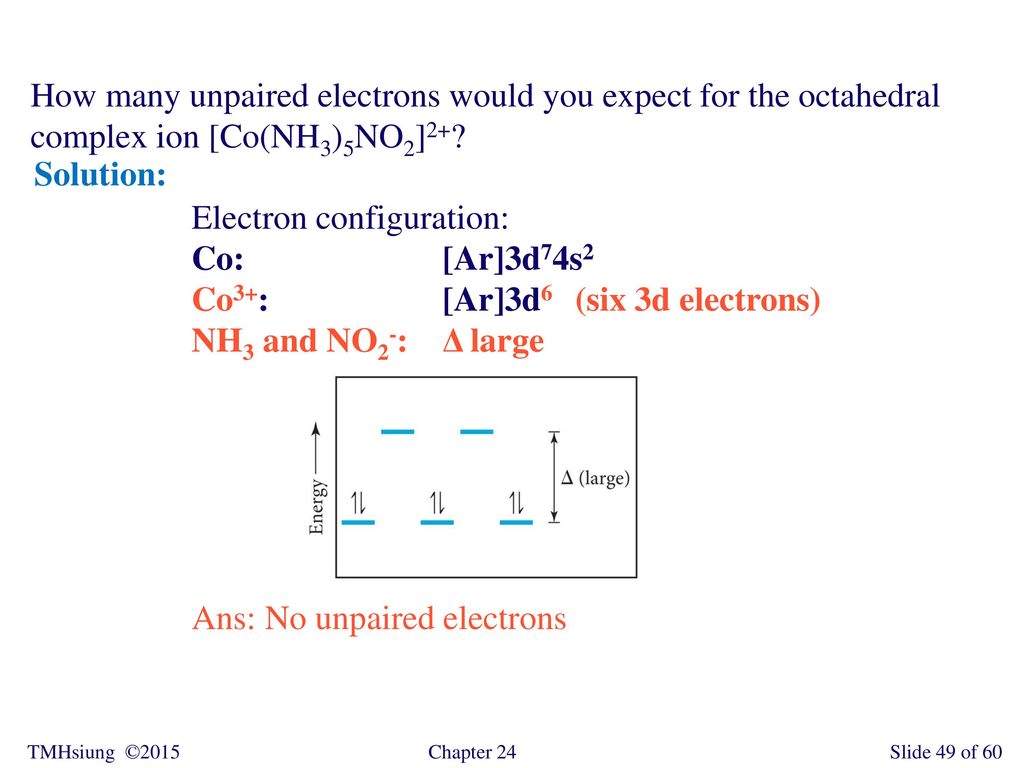 How many unpaired electrons would you expect for the octahedral complex ion [Co(NH3)5NO2]2+