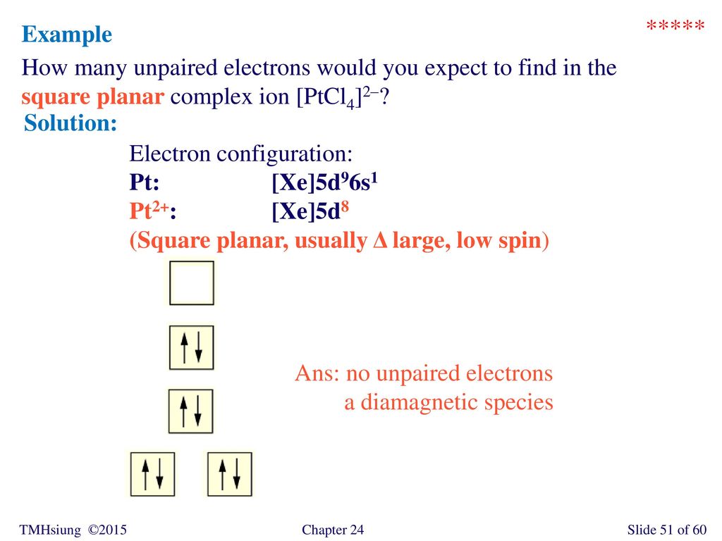 ***** Example. How many unpaired electrons would you expect to find in the. square planar complex ion [PtCl4]2–