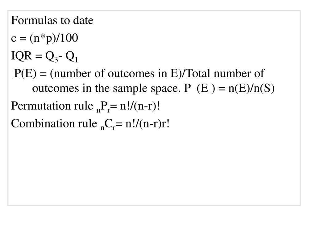 Formulas To Date Mean X X N Sample Std Dev S X X N 1 Ppt Download