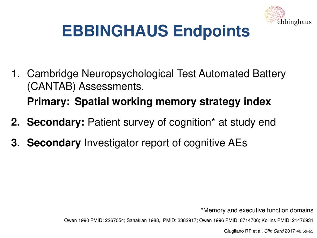EBBINGHAUS Endpoints Cambridge Neuropsychological Test Automated Battery (CANTAB) Assessments. Primary: Spatial working memory strategy index.