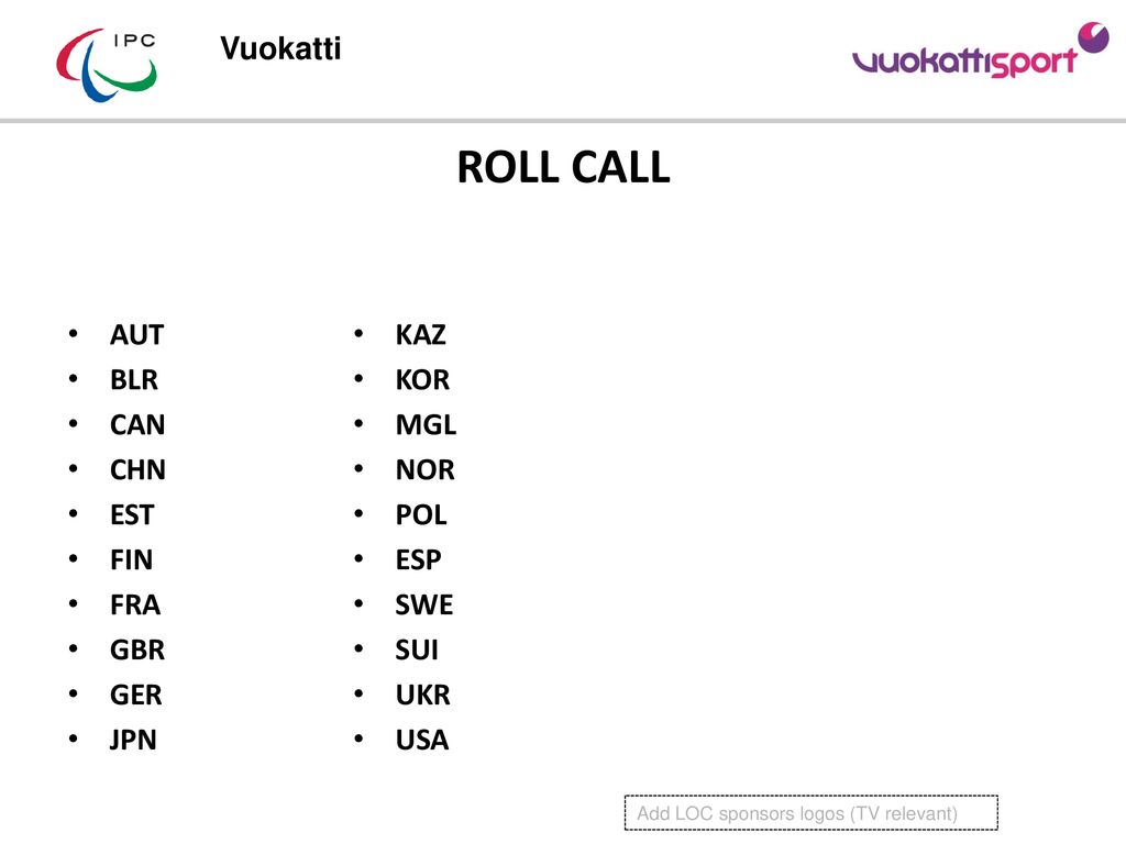 ROLL CALL Vuokatti AUT BLR CAN CHN EST FIN FRA GBR GER JPN KAZ KOR MGL