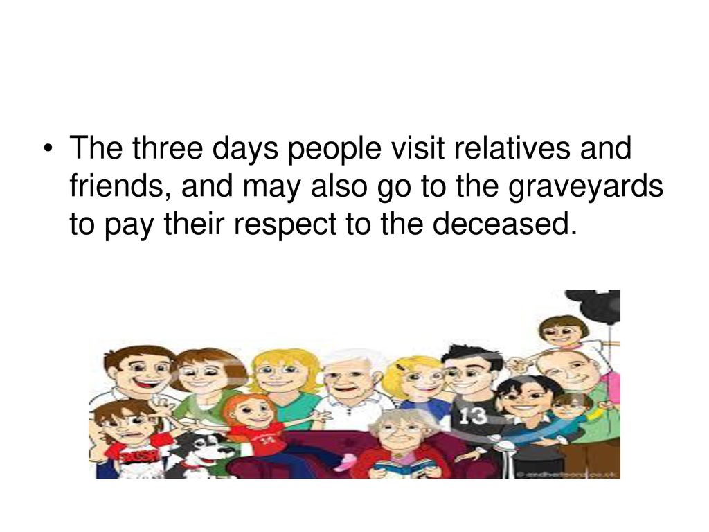 The three days people visit relatives and friends, and may also go to the graveyards to pay their respect to the deceased.
