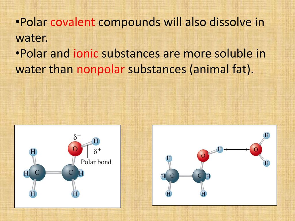 Polar covalent compounds will also dissolve in water.