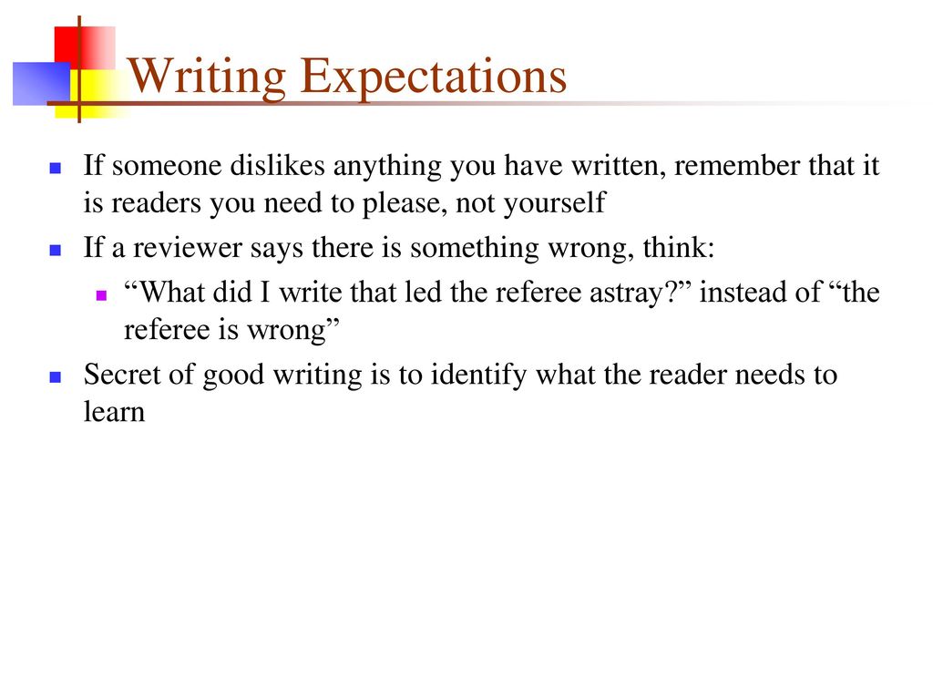 Writing Expectations If someone dislikes anything you have written, remember that it is readers you need to please, not yourself.