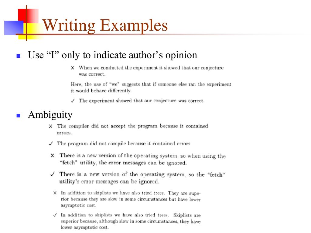 Writing Examples Use I only to indicate author’s opinion Ambiguity