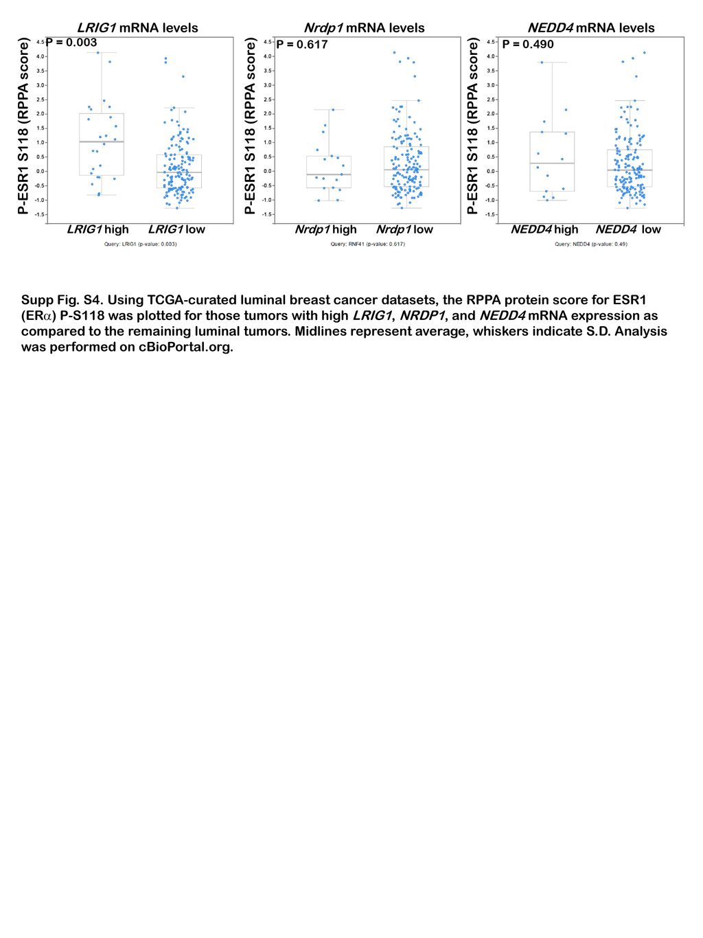 P-ESR1 S118 (RPPA score) LRIG1 mRNA levels Nrdp1 mRNA levels
