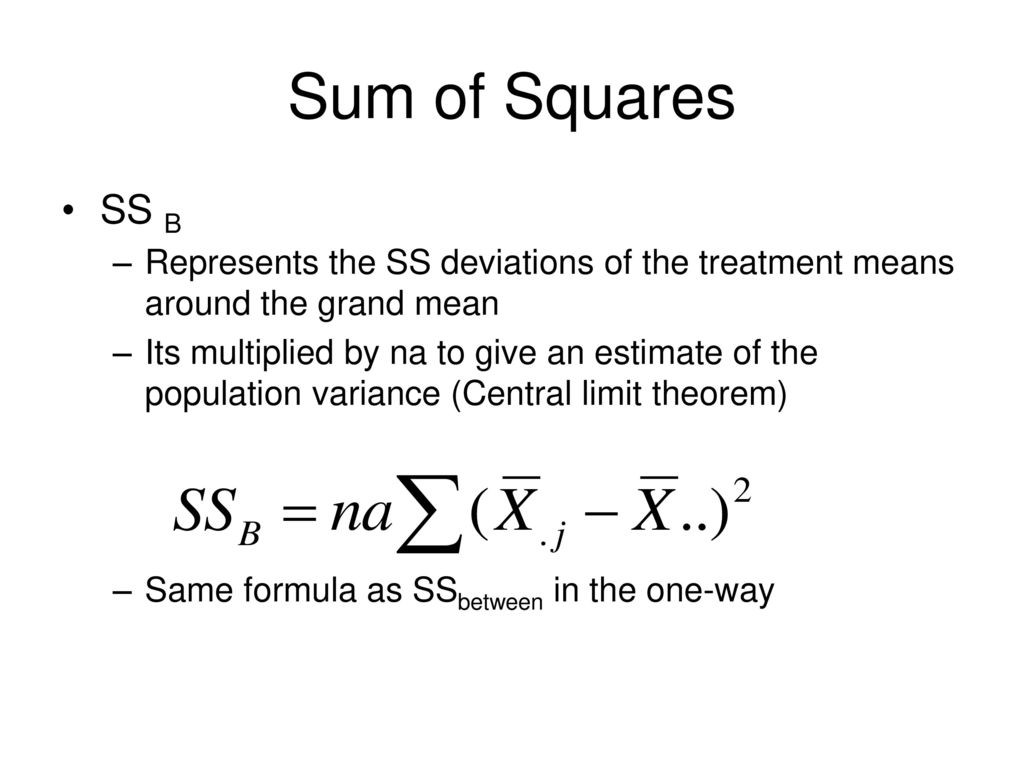 Sum of Squares SS B. Represents the SS deviations of the treatment means around the grand mean.