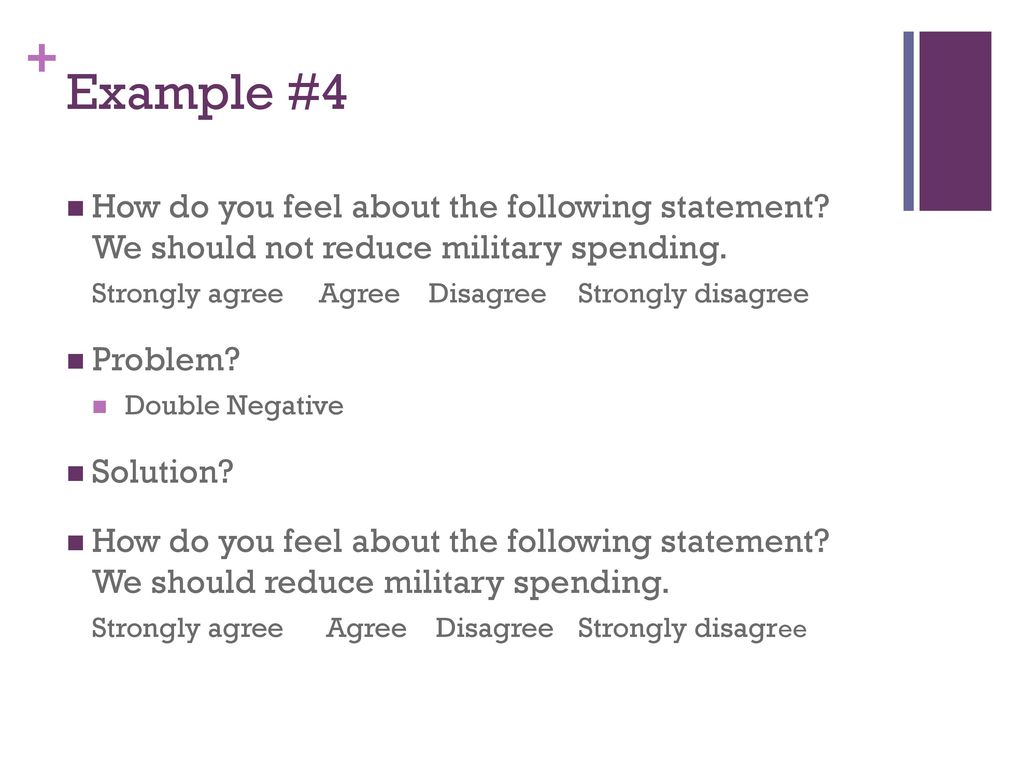 Example #4 How do you feel about the following statement We should not reduce military spending.