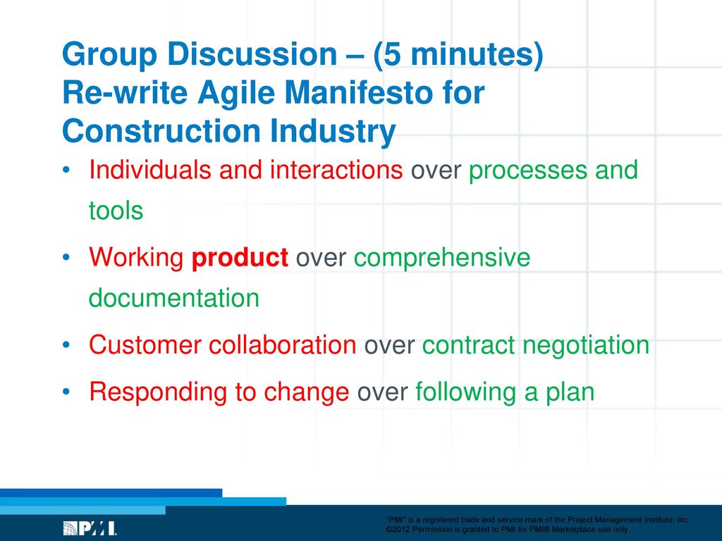 Group Discussion – (5 minutes) Re-write Agile Manifesto for Construction Industry
