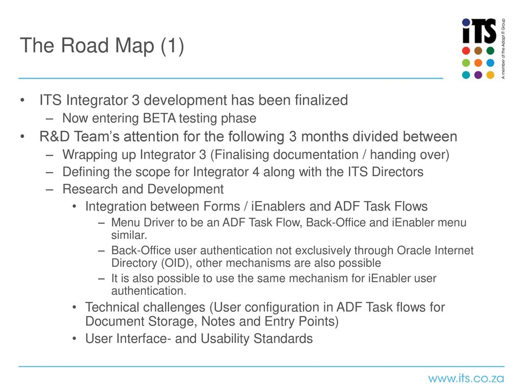 The Road Map (1) ITS Integrator 3 development has been finalized