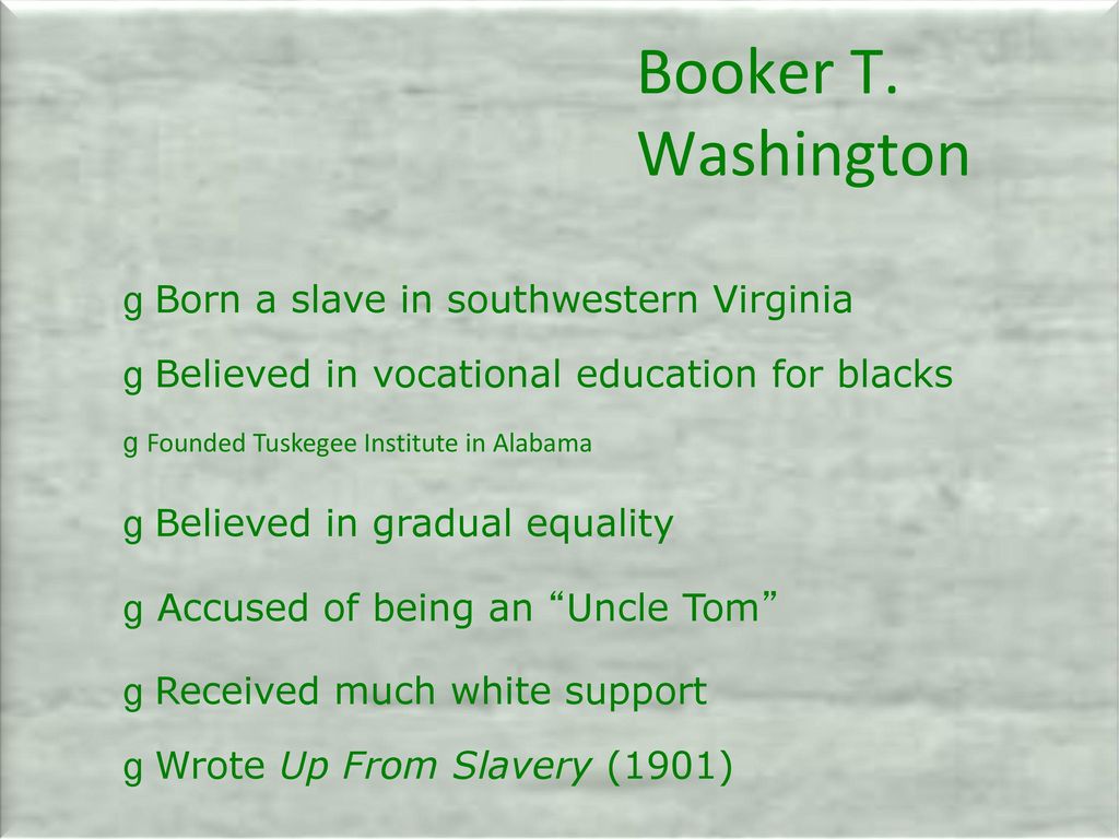 Booker T. Washington g Born a slave in southwestern Virginia