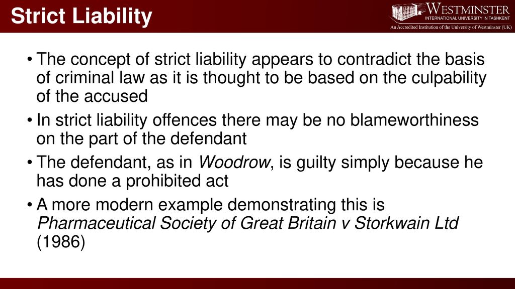 Criminal Law Lecture 4: Strict Liability By Feruza Bobokulova. - ppt