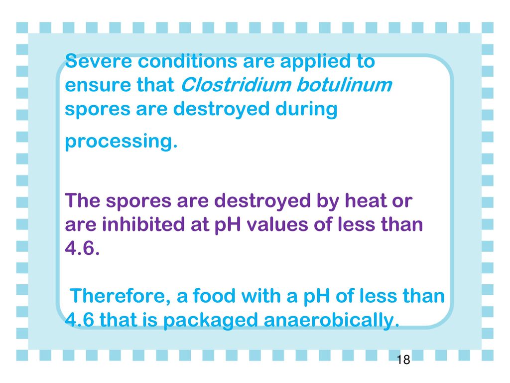 Severe conditions are applied to ensure that Clostridium botulinum spores are destroyed during processing.