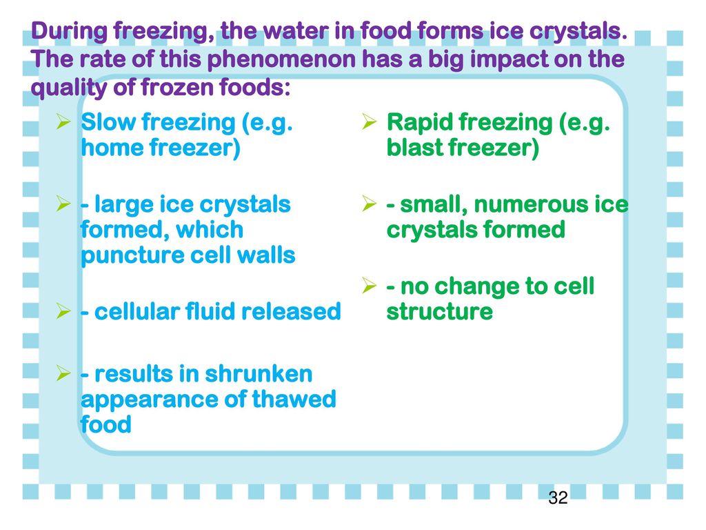 During freezing, the water in food forms ice crystals