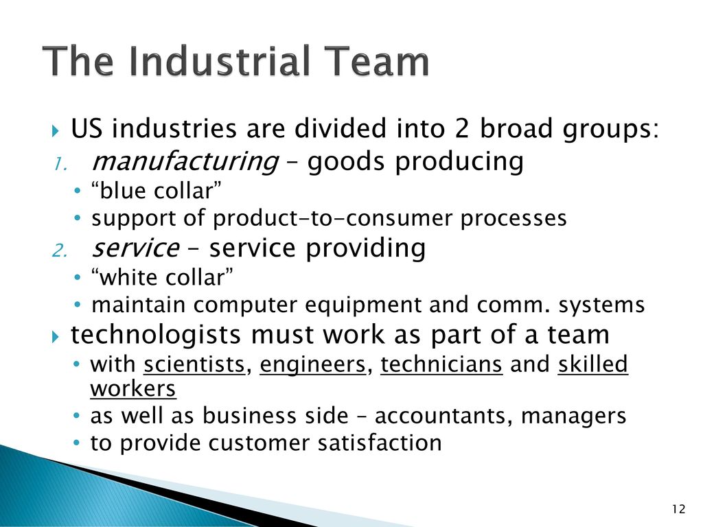 The Industrial Team US industries are divided into 2 broad groups: