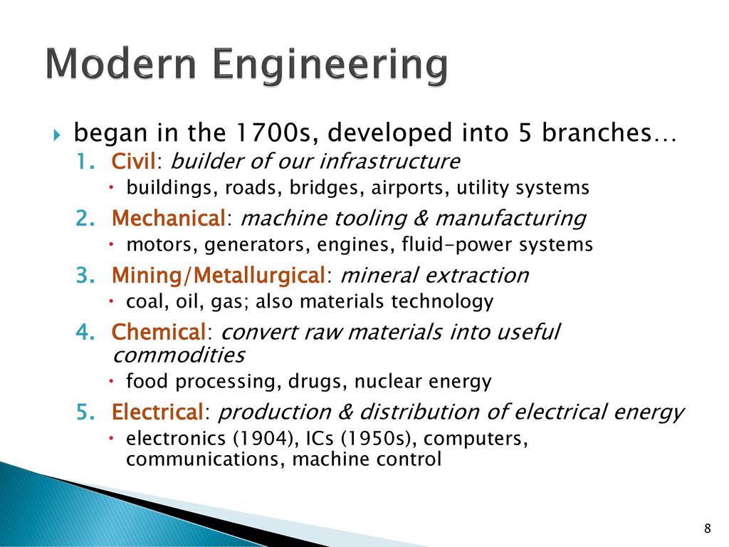 Modern Engineering began in the 1700s, developed into 5 branches…