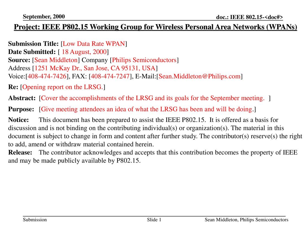 <month year> doc.: IEEE /271r0. September, Project: IEEE P Working Group for Wireless Personal Area Networks (WPANs)