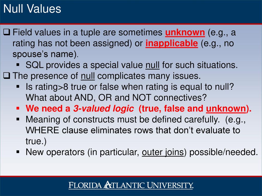 Null Values Field values in a tuple are sometimes unknown (e.g., a rating has not been assigned) or inapplicable (e.g., no spouse’s name).