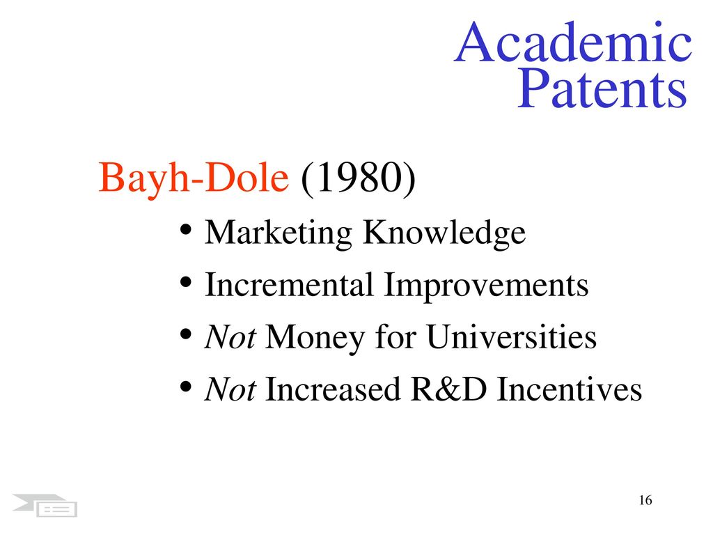 Academic Patents Bayh-Dole (1980) • Marketing Knowledge