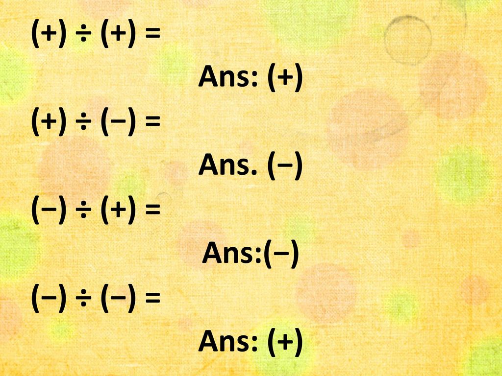 (+) ÷ (+) = Ans: (+) (+) ÷ (−) = Ans