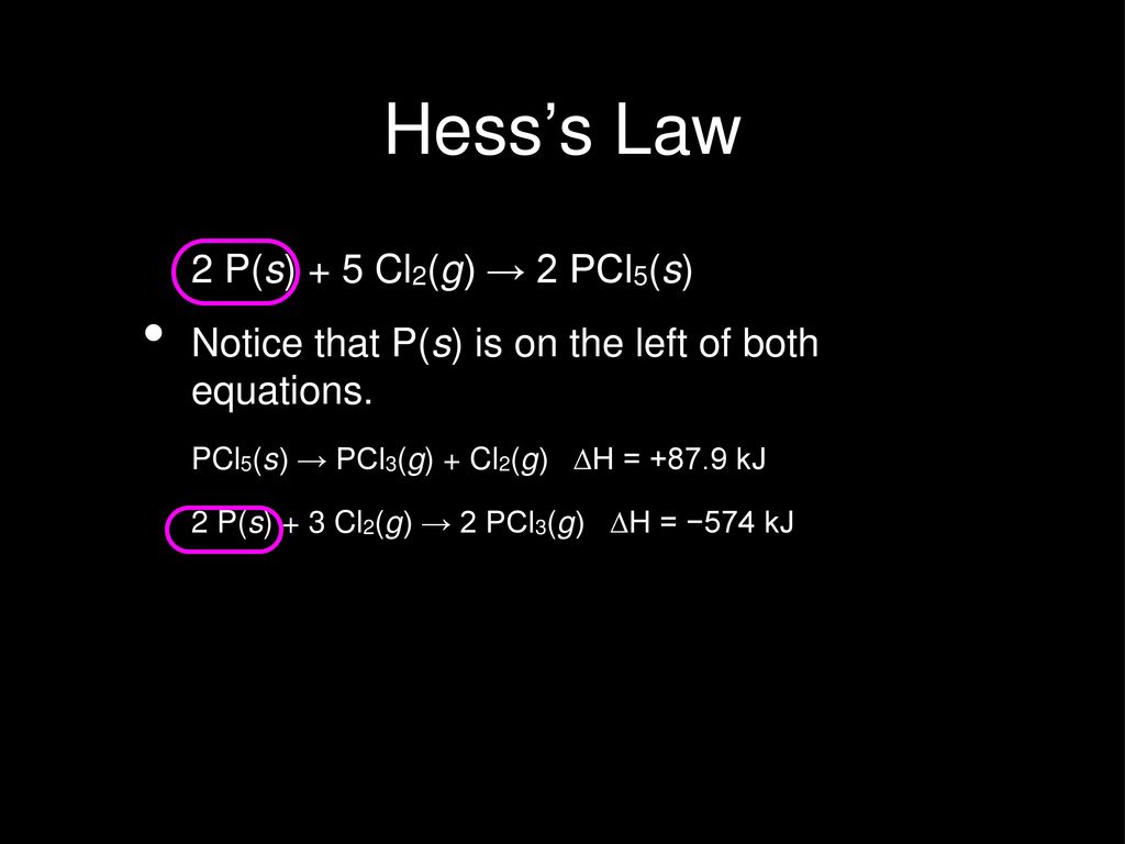 Hess’s Law 2 P(s) + 5 Cl2(g) → 2 PCl5(s)