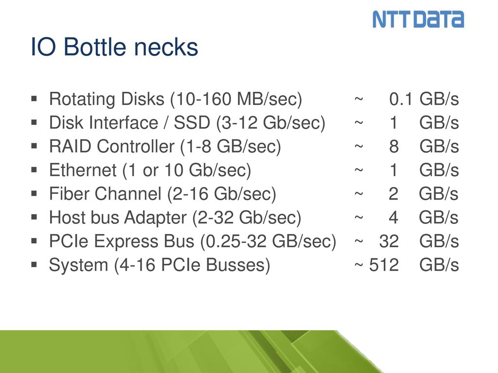 IO Bottle necks Rotating Disks ( MB/sec) ~ 0.1 GB/s