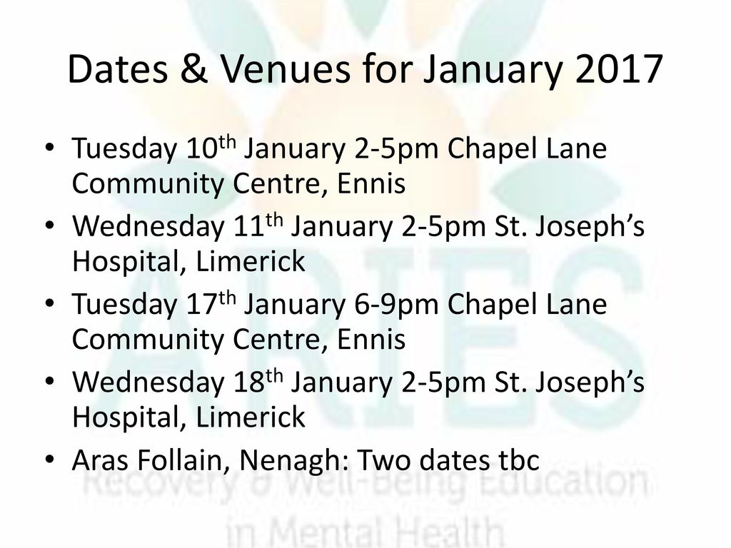 Dates & Venues for January 2017