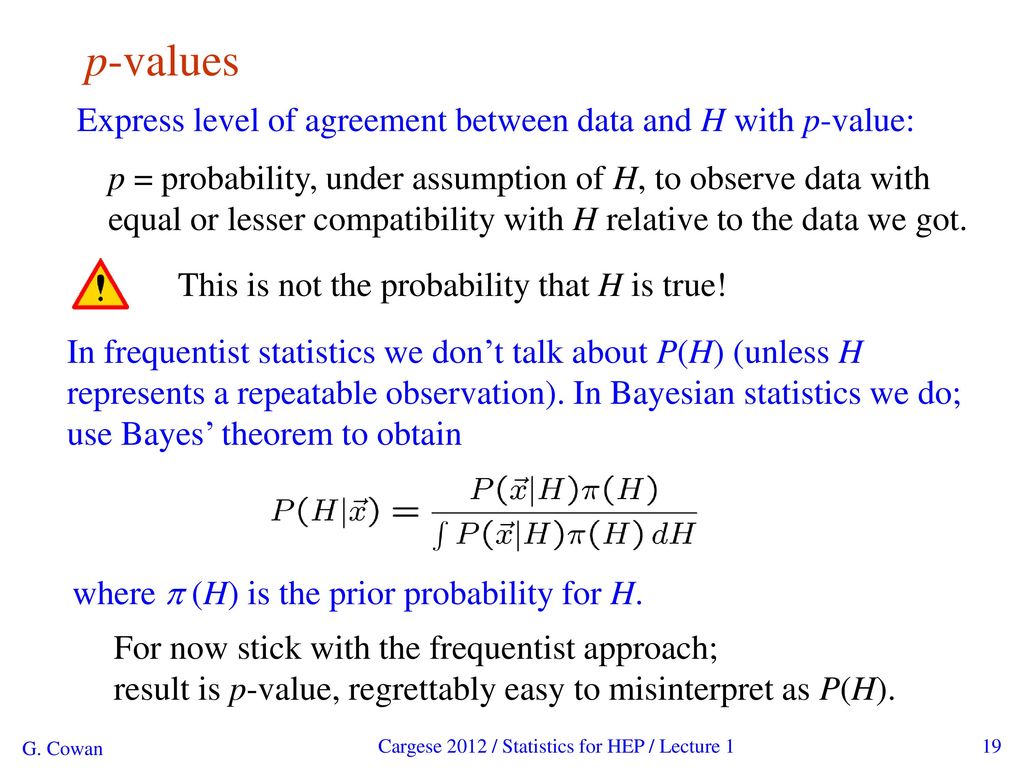 p-values Express level of agreement between data and H with p-value: