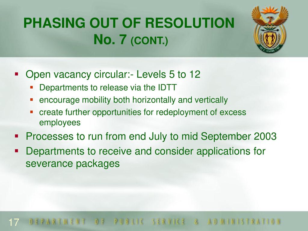 RESTRUCTURING OF THE PUBLIC SERVICE RESOLUTION No. 7 OF THE PSCBC