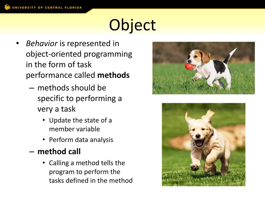 Object Behavior is represented in object-oriented programming in the form of task performance called methods.