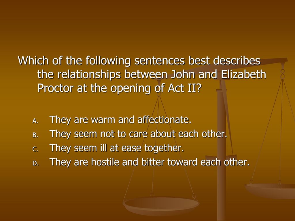 Which of the following sentences best describes the relationships between John and Elizabeth Proctor at the opening of Act II