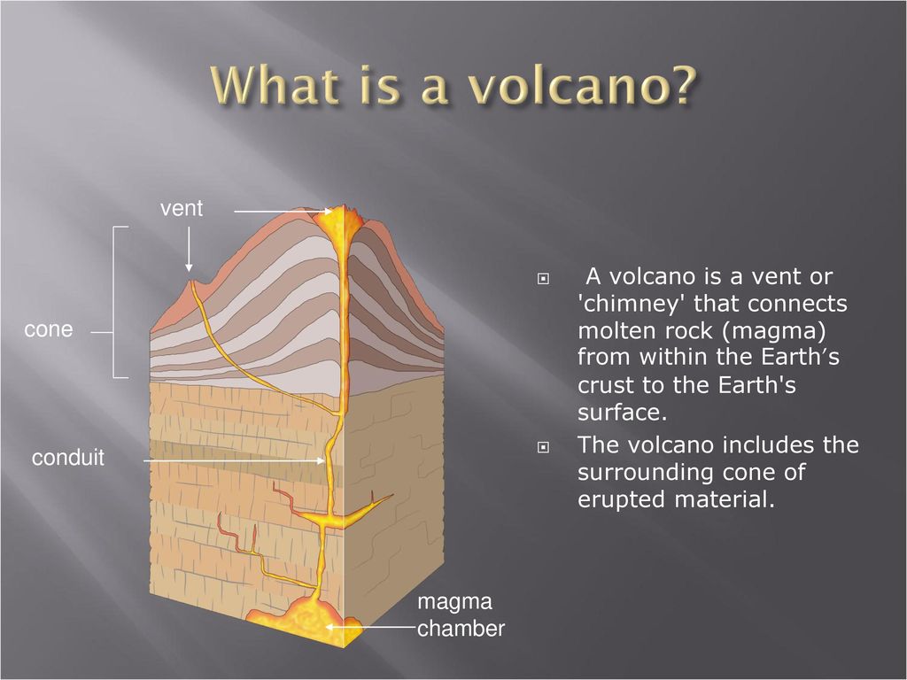 What is a volcano vent. A volcano is a vent or chimney that connects molten rock (magma) from within the Earth’s crust to the Earth s surface.