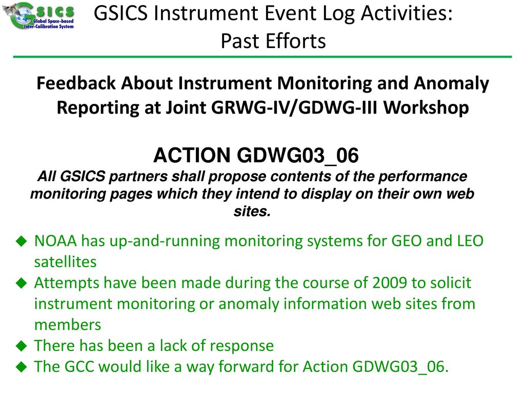 GSICS Instrument Event Log Activities: