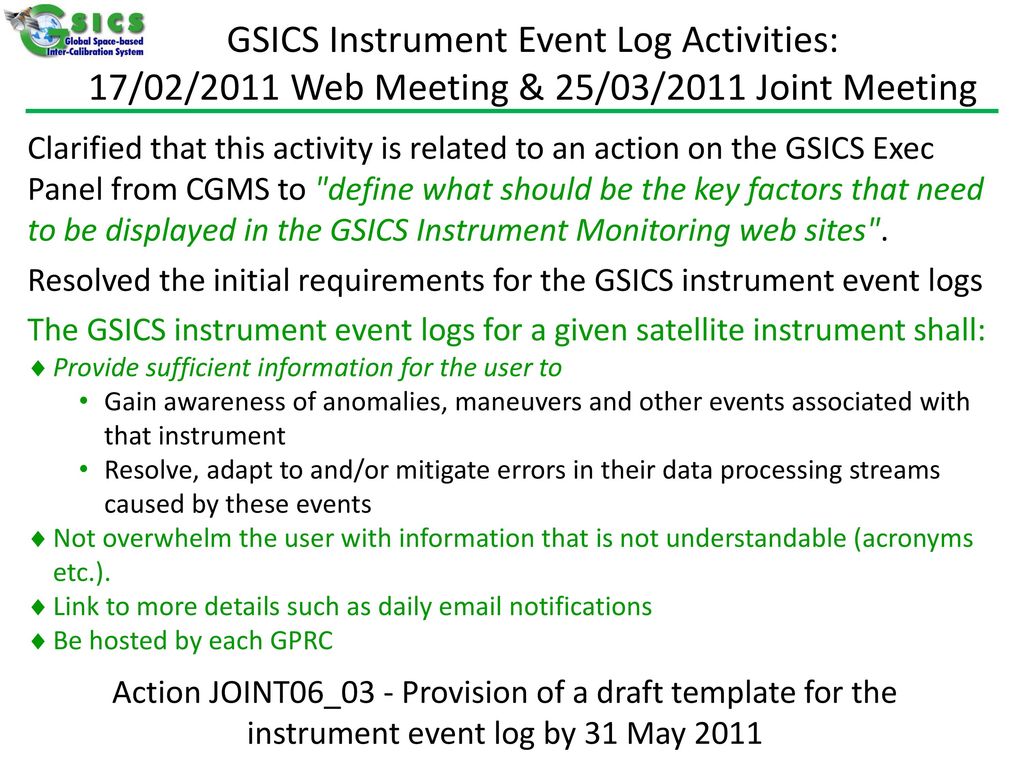 GSICS Instrument Event Log Activities: