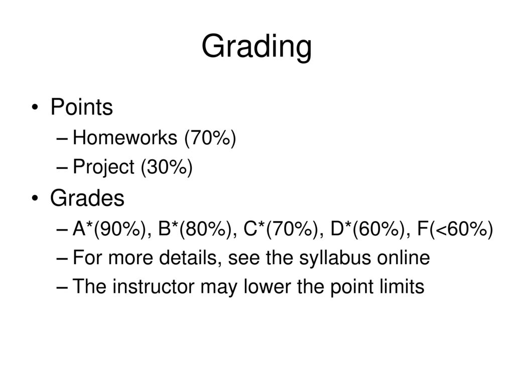 Grading Points Grades Homeworks (70%) Project (30%)