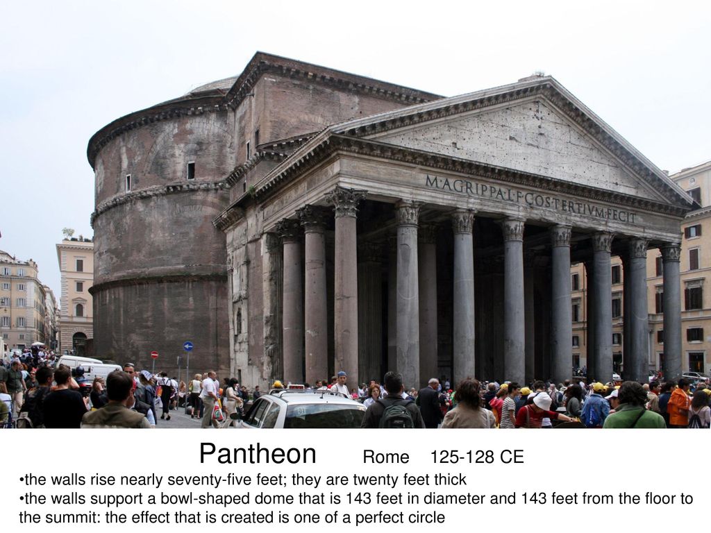 Pantheon Rome CE the walls rise nearly seventy-five feet; they are twenty feet thick.