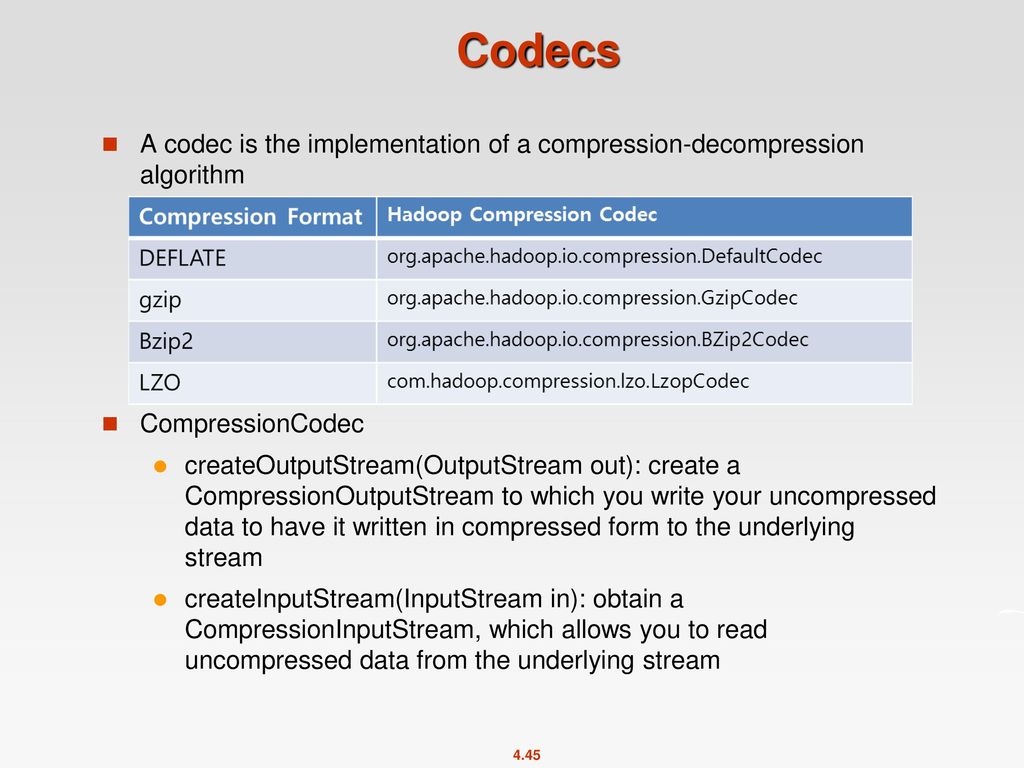 Codecs A codec is the implementation of a compression-decompression algorithm. CompressionCodec.