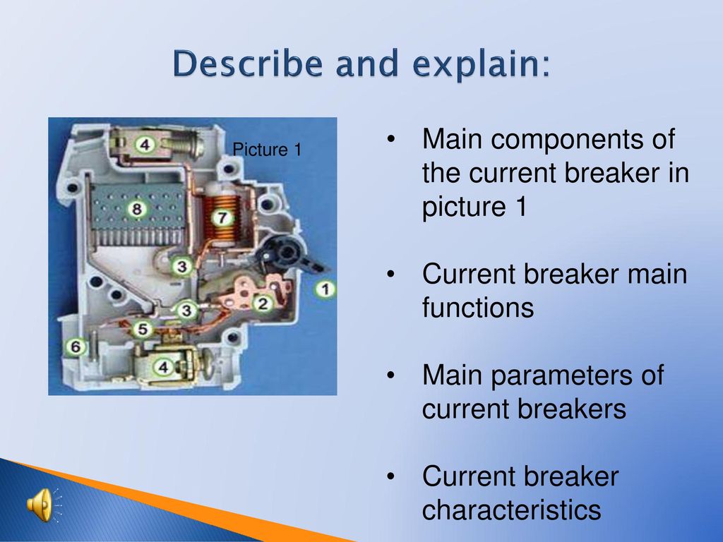 Describe and explain: Main components of the current breaker in picture 1. Current breaker main functions.