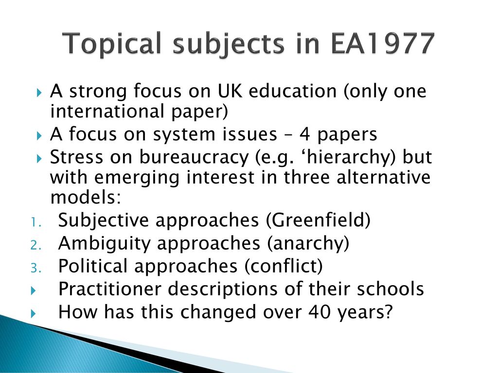 Topical subjects in EA1977 A strong focus on UK education (only one international paper) A focus on system issues – 4 papers.