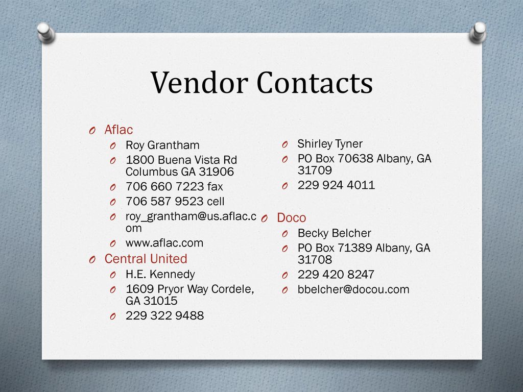 Vendor Contacts Aflac Doco Central United Roy Grantham Shirley Tyner