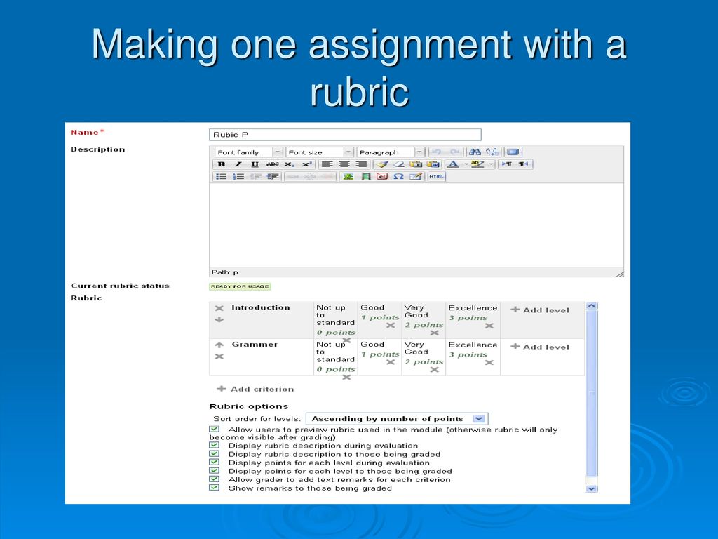 Making one assignment with a rubric