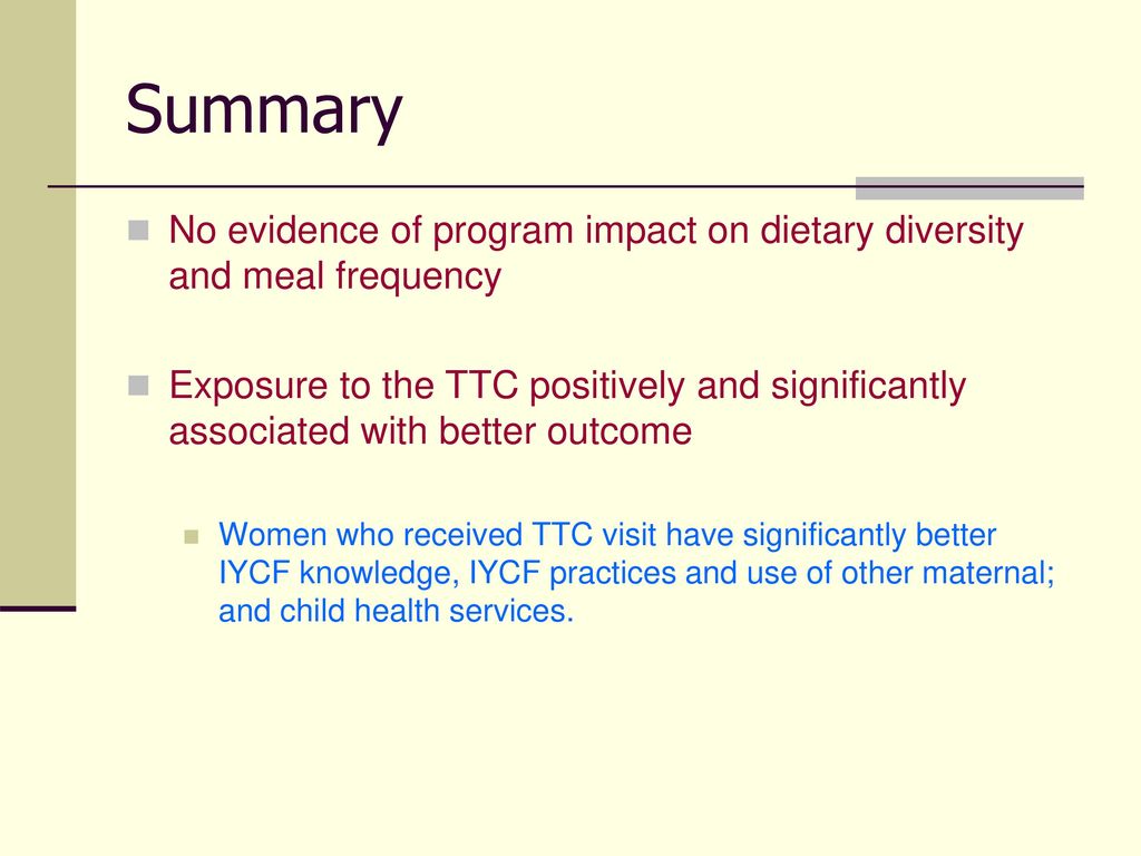 Summary No evidence of program impact on dietary diversity and meal frequency.