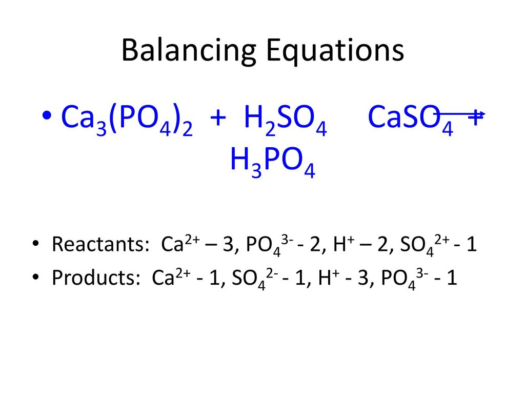 Balancing Equations Ca3(PO4)2 + H2SO4 CaSO4 + H3PO4.