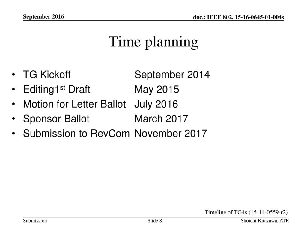 Time planning TG Kickoff September 2014 Editing1st Draft May 2015