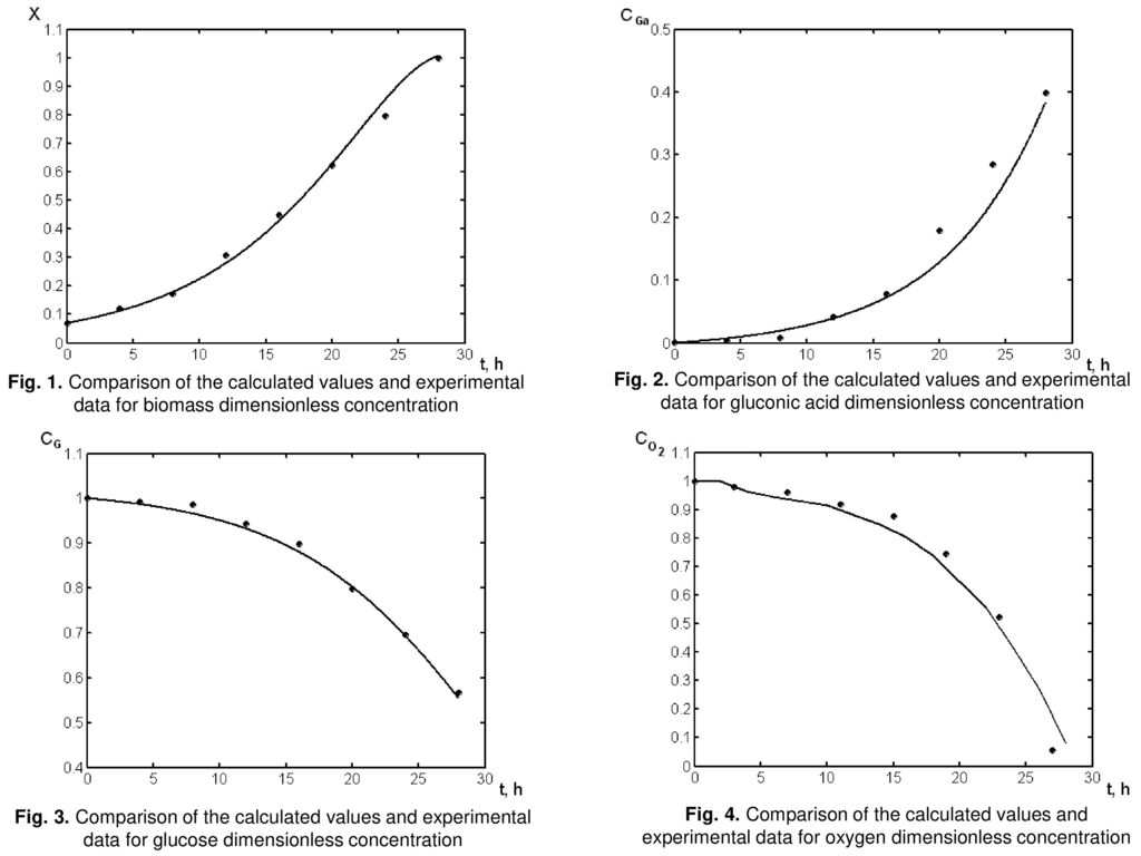 Fig. 1. Comparison of the calculated values and experimental data for biomass dimensionless concentration